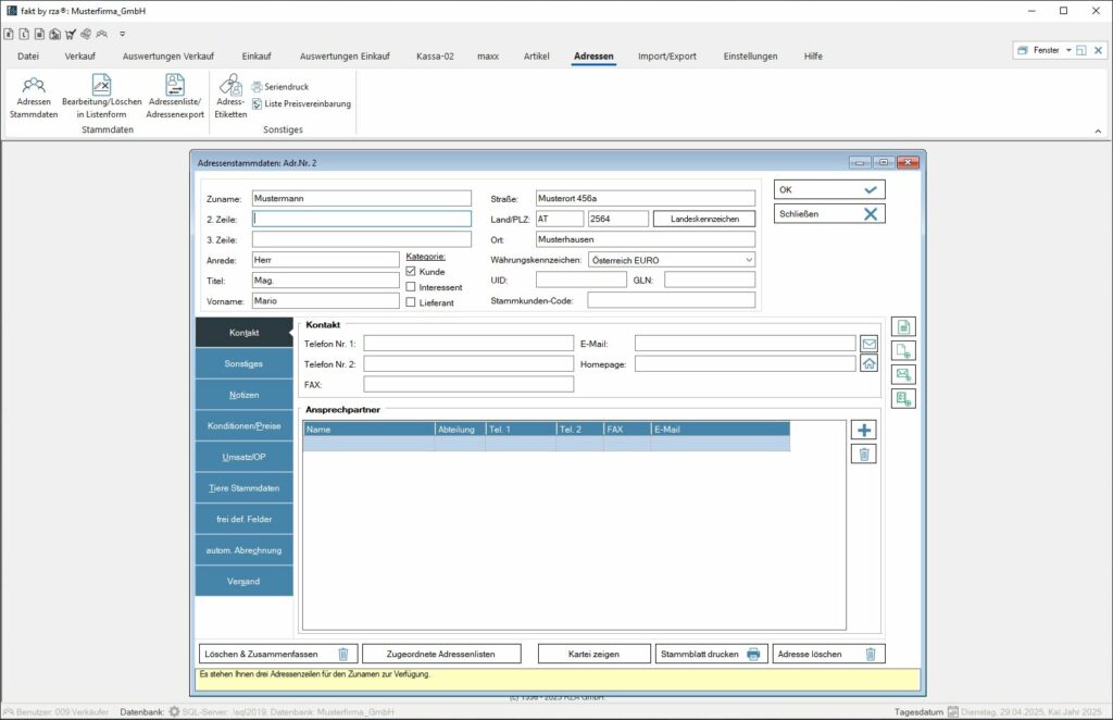 Screenshot der Fakturierungssoftware mit dem Thema Adressenstammdaten.