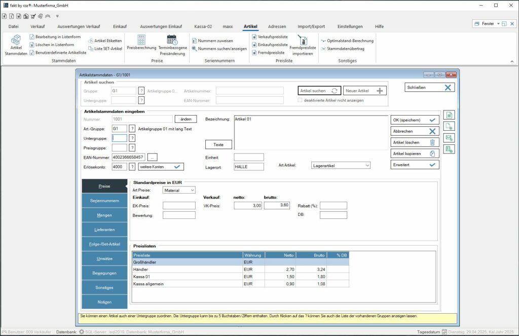 Screenshot der Fakturierungssoftware zum Thema Artikelstammdaten