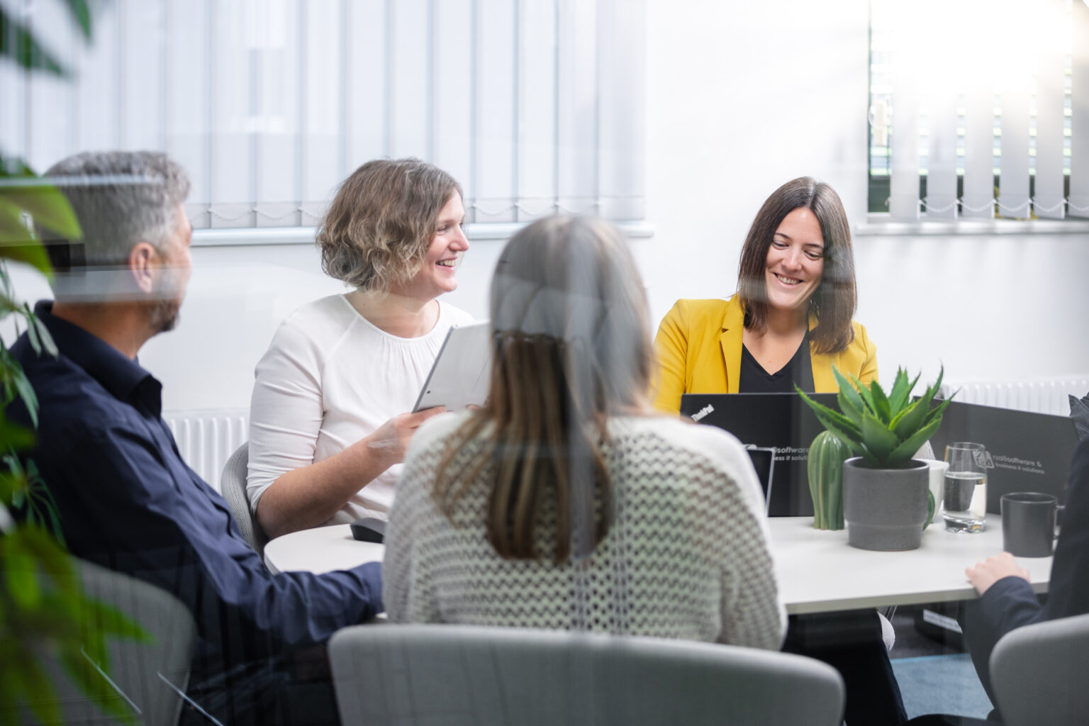 Team sitzt bei Meetingtisch und bespricht die Buchhaltungssoftware für GmbHs.