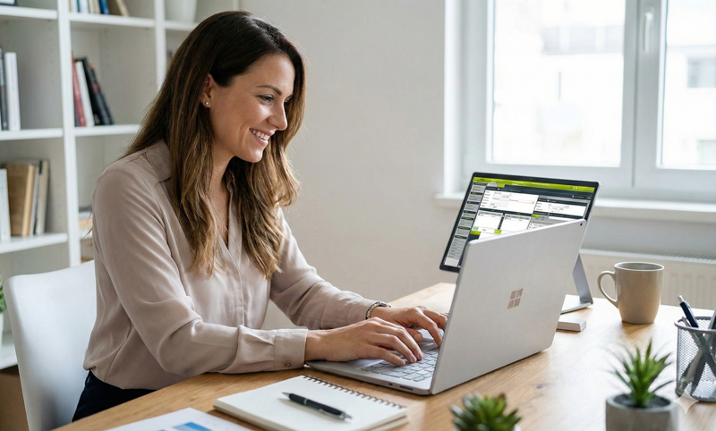 Einzelunternehmerin, die am Laptop die RZA Buchhaltungssoftware für Einzelunternehmen bedient