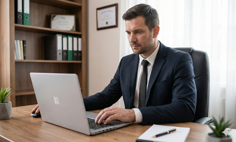 Bestatter, der am Laptop die RZA Buchhaltungssoftware für Bestatter bedient