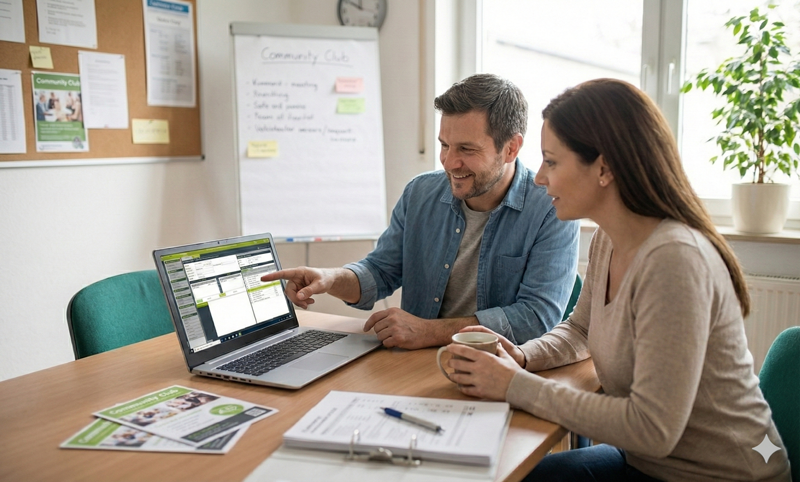 Zwei Personen, die am Laptop die RZA Buchhaltungssoftware für Vereine bedienen