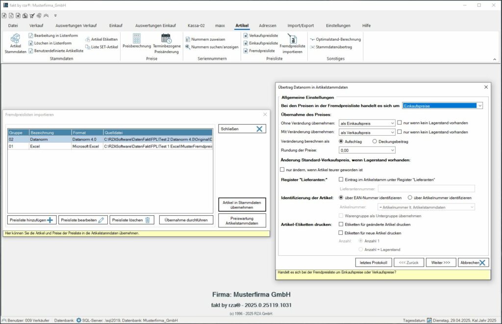 Screenshot der Fakturierungssoftware zum Thema Fremdpreisliste.