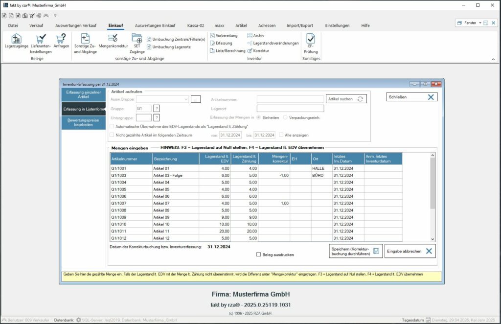 Screenshot der Fakturierungssoftware zur Inventur.