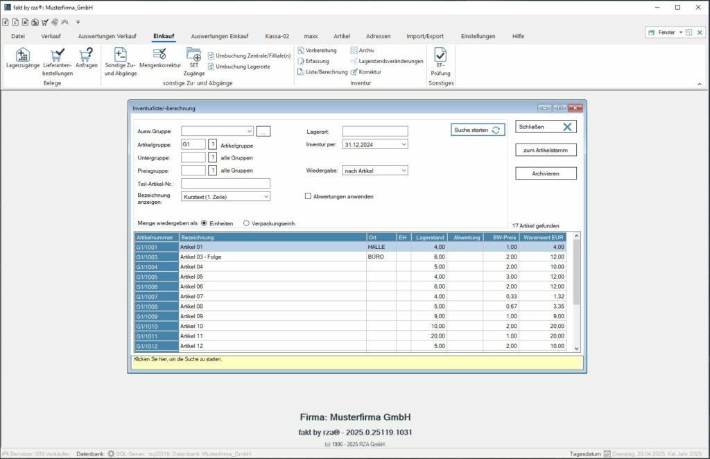 Screenshot der Fakturierungssoftware zur Inventurliste