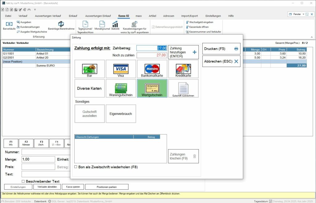 Screenshot der Fakturierungssoftware zur Kassa