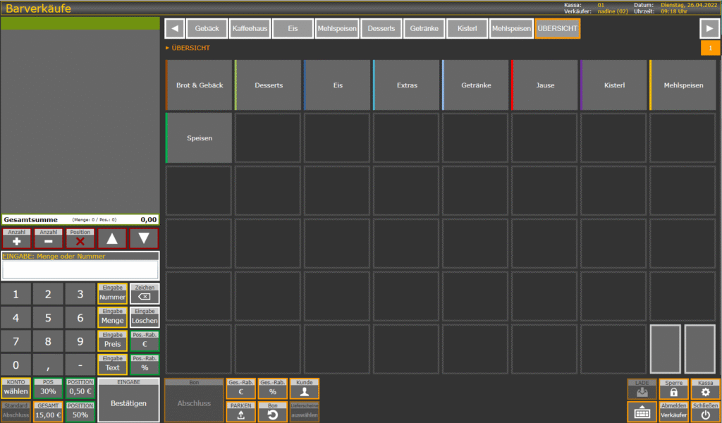 Darstellung einer Kasenoberfläche in der Touch-Version.