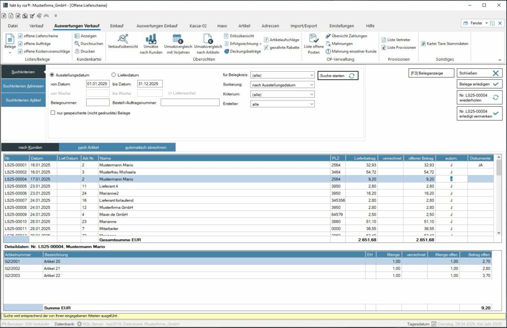 Screenshot der Fakturierungssoftware zu offenen Lieferscheinen