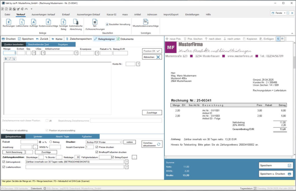 Screenshot der Fakturierungssoftware zum Verkaufsbeleg